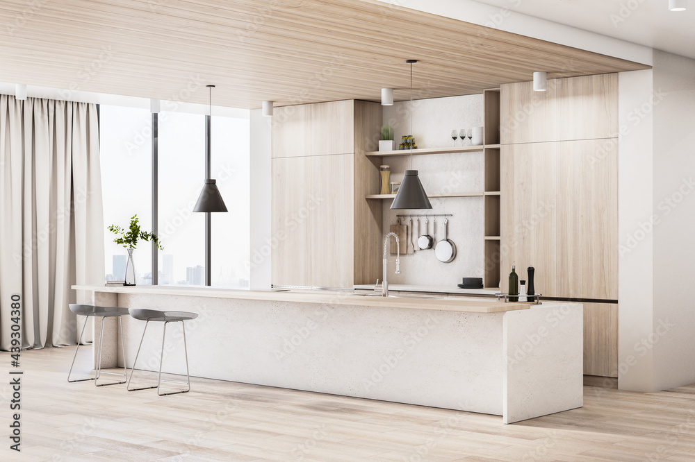 豪华木质和混凝土厨房内部，带岛、电器和日光。3D渲染。