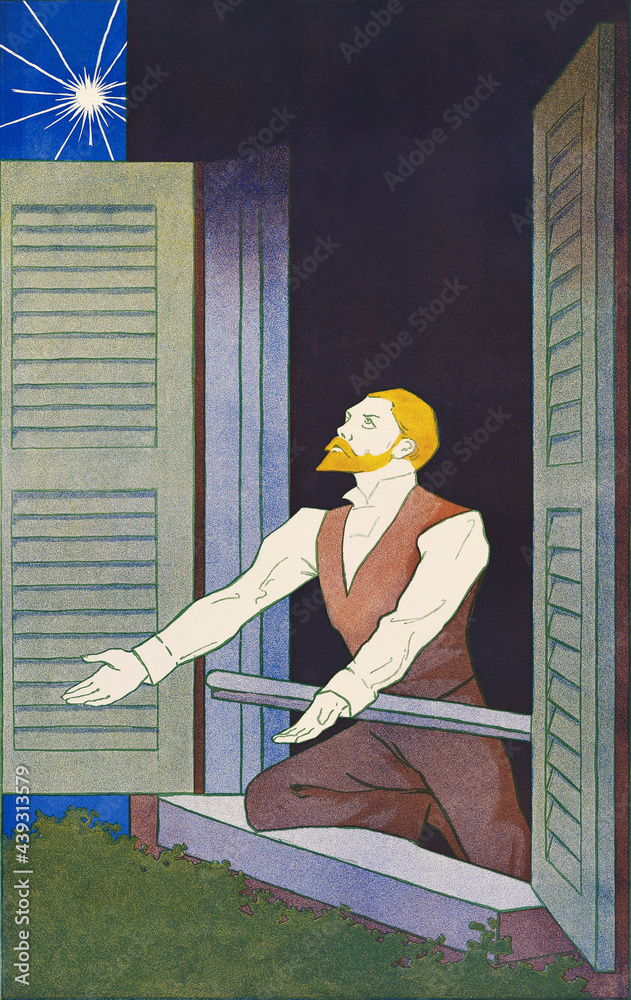 橱窗插图前的复古男人，由爱德华·彭菲尔德的艺术品重新混合而成