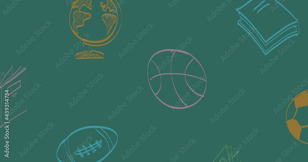 Composition of colourful chalk drawings of sports balls, globe and books on green chalkboard