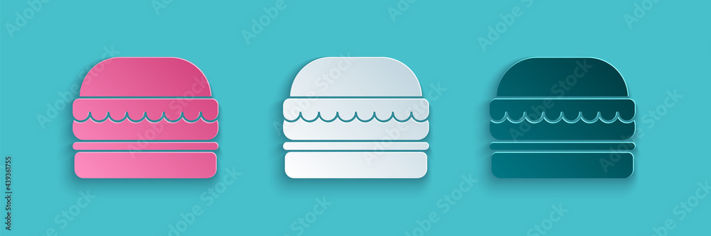 蓝色背景上的剪纸汉堡图标。汉堡图标。奶酪汉堡三明治标志。快速