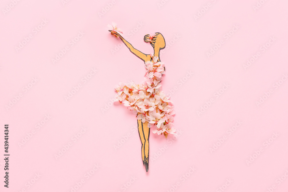 彩色背景上有美丽果树花朵的纸芭蕾舞演员形象