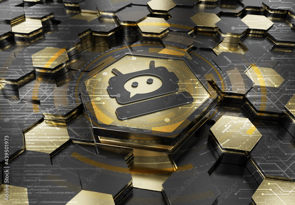 Chatbot icon concept engraved on gold hexagonal pedestral background. Chat bot assistance logo glowi