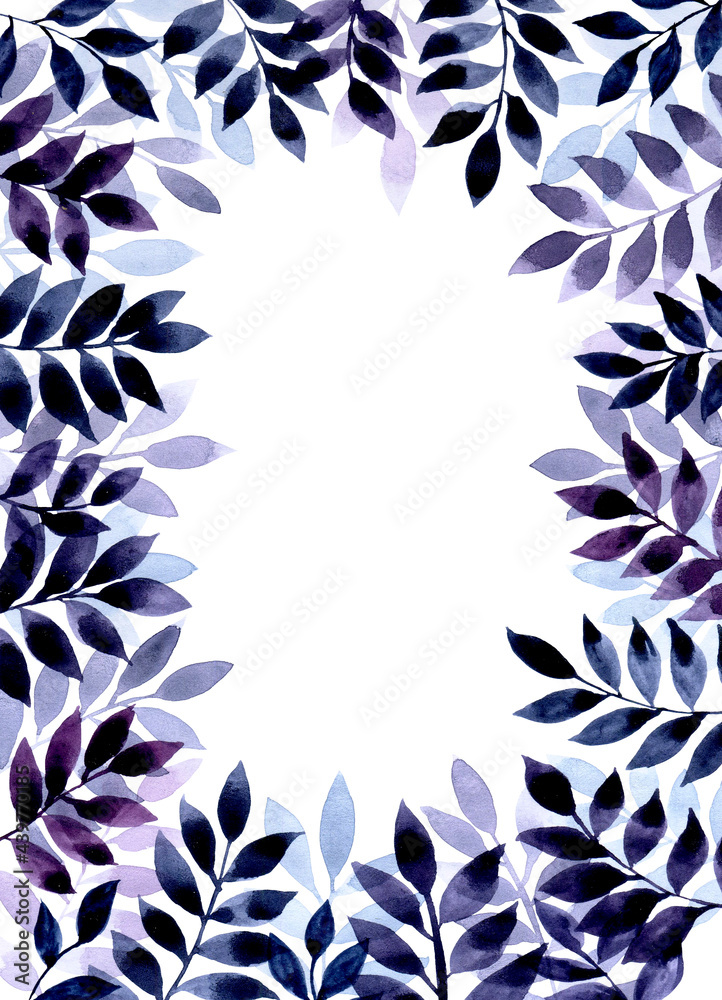 白色背景上有蓝色和紫色抽象叶子的矩形框架。可爱的背景带有