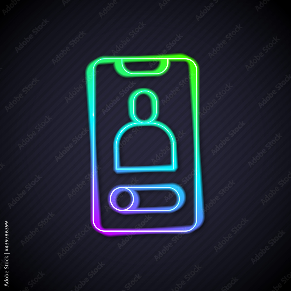 Glowing neon line Incoming call on mobile phone icon isolated on black background. Friends call. Vec