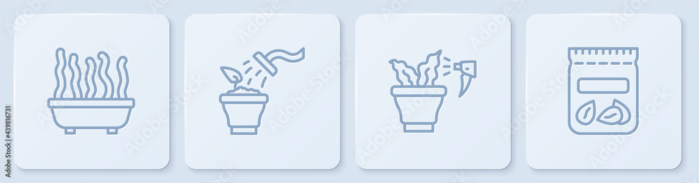 Set line Plant in pot, Spraying plant, and Pack full of seeds of. White square button. Vector