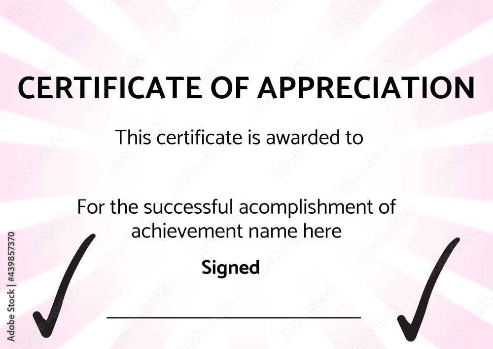 粉红色放射状背景下有复印空间的赞赏证书模板