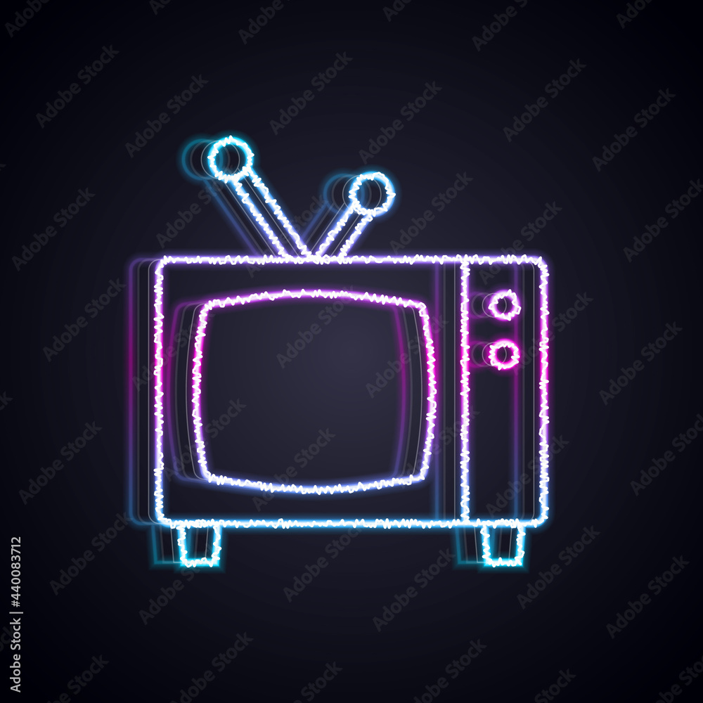 闪亮的霓虹灯线条复古电视图标隔离在黑色背景上。电视标志。矢量