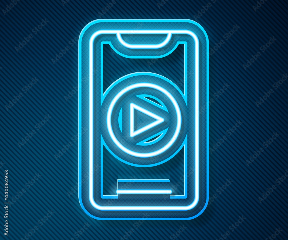 Glowing neon line Online play video icon isolated on blue background. Smartphone and film strip with