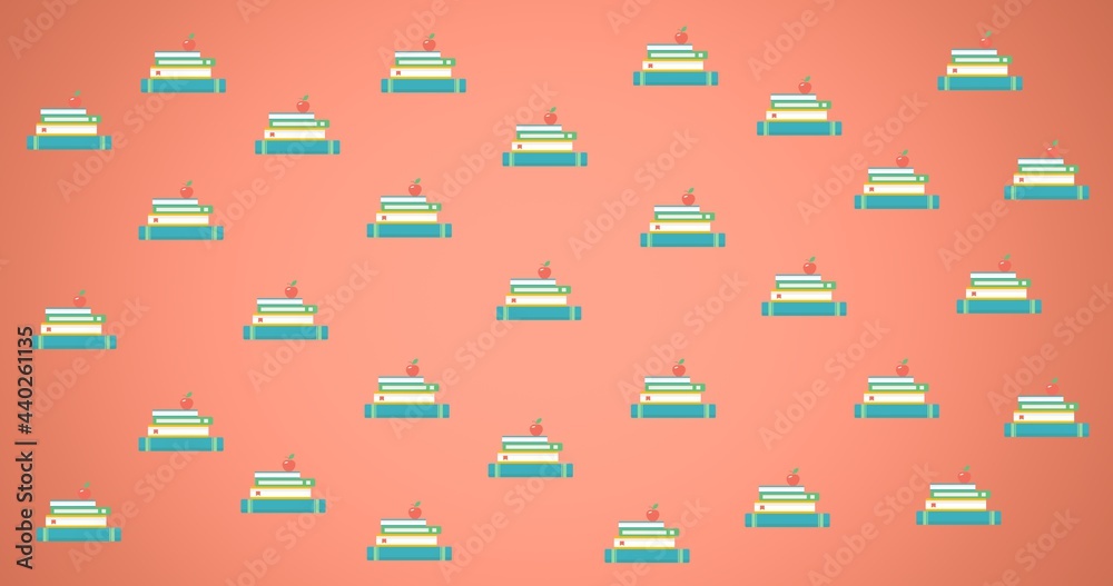 粉红色背景上漂浮着苹果的重复堆叠书籍的构图