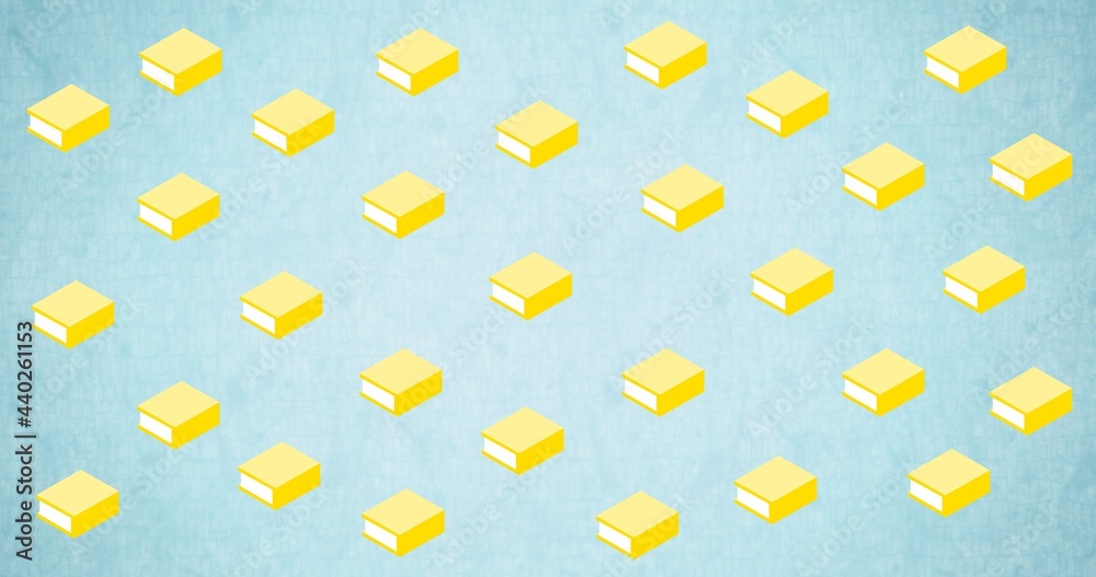 Composition of repeated yellow books floating on pale blue background