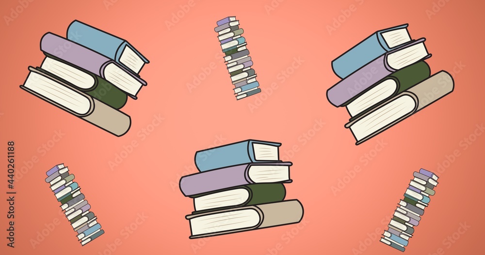 漂浮在粉红色背景上的重复堆叠的书籍的组成