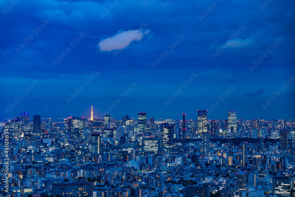 高層ビルの明かりがつき始めた夜の東京の街並み