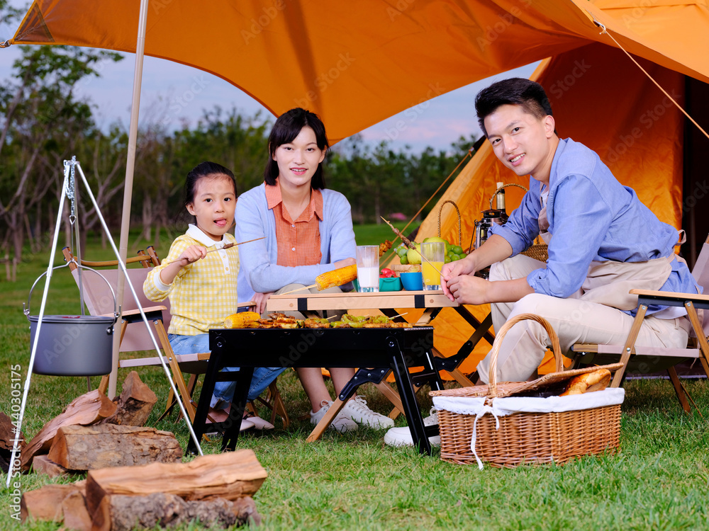 A happy family of three having barbecue in the park