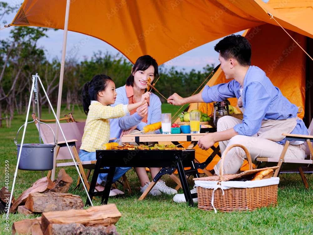 A happy family of three having barbecue in the park
