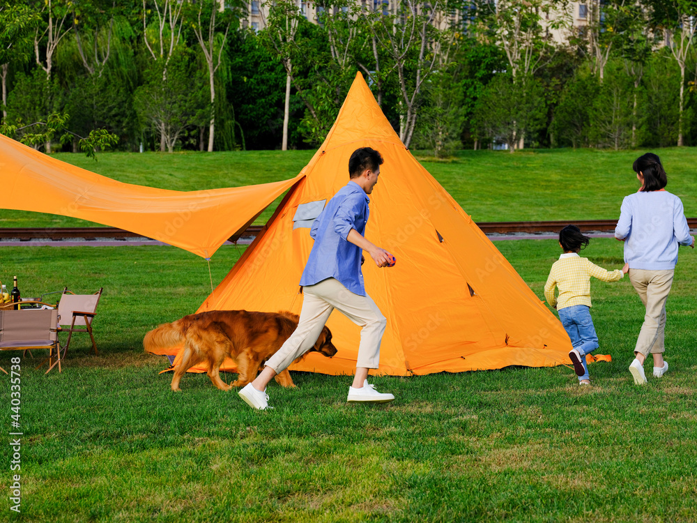快乐的三口之家和在公园玩耍的宠物狗