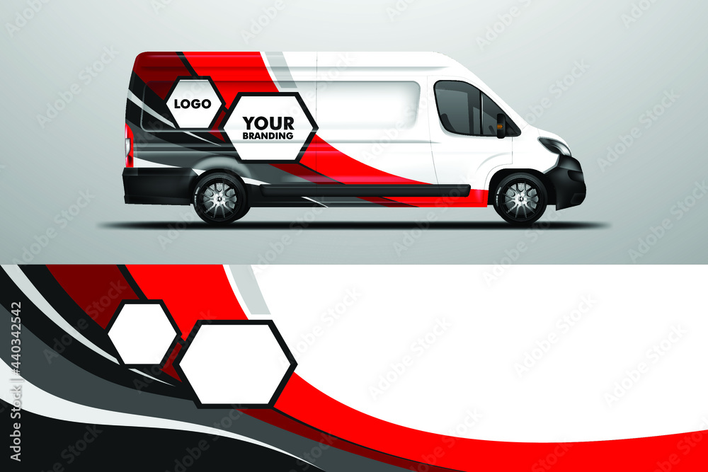 Car Wrap Van公司设计矢量。车辆涂装的图形背景设计。