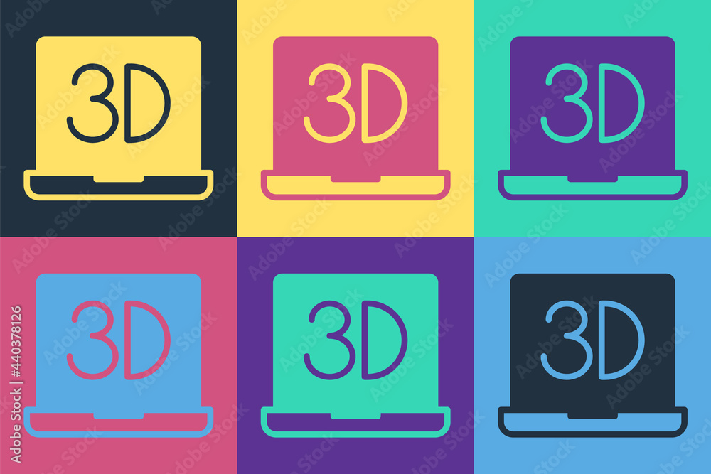 流行艺术3D打印机图标在彩色背景上隔离。3D打印。矢量