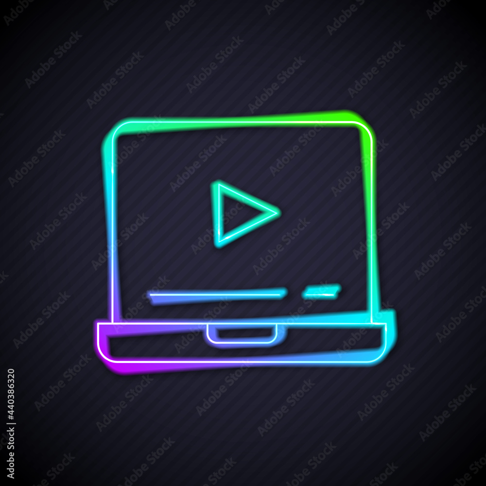 闪亮的霓虹灯线在线播放视频图标，隔离在黑色背景上。笔记本电脑和带pl的胶卷