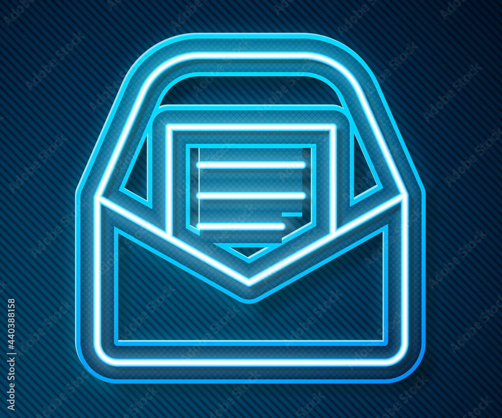 蓝色背景上隔离的闪闪发光的霓虹线邮件和电子邮件图标。信封符号电子邮件。给我发电子邮件