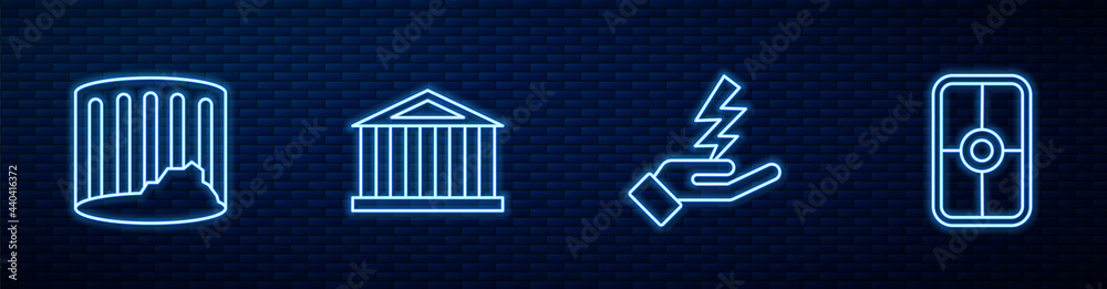 Set line Zeus, Ancient column, Parthenon and Greek shield. Glowing neon icon on brick wall. Vector