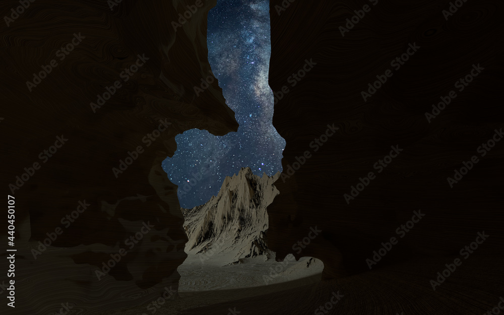 银河在狭窄的岩石峡谷中，山谷风光，3d渲染。