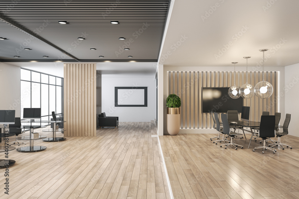 宽敞的生态风格办公室，木质板条隔墙和地板，深色相框和模式