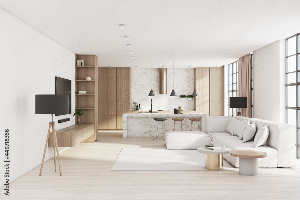 极简风格的客厅，墙上有电视，地毯上有白色大沙发，还有现代厨房