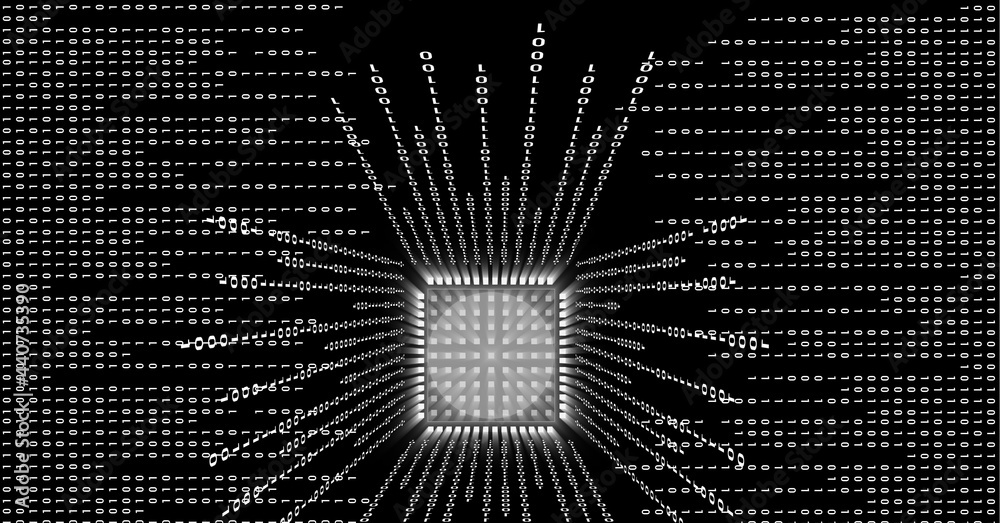 Binary coding data processing over microprocessor chip against black background