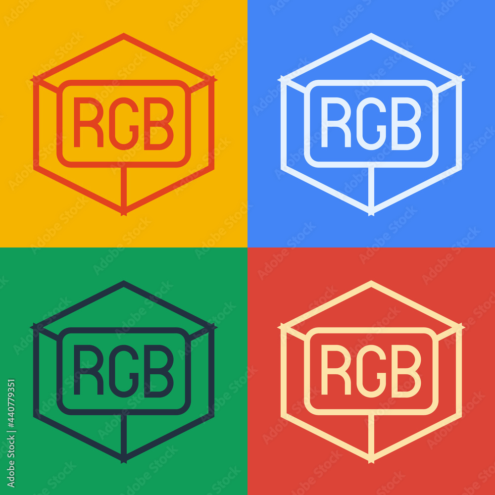 流行艺术线条RGB和CMYK颜色混合图标在颜色背景上隔离。矢量