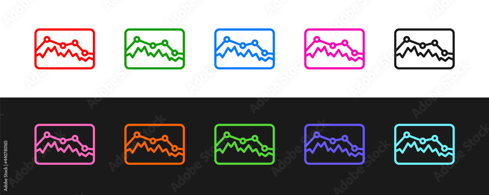 Set line Music wave equalizer icon isolated on black and white background. Sound wave. Audio digital