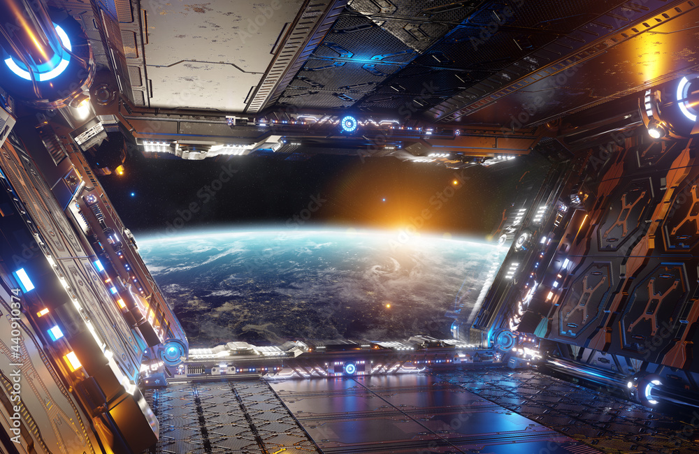 橙色和蓝色的未来宇宙飞船内部，地球上的窗户视图3d渲染
