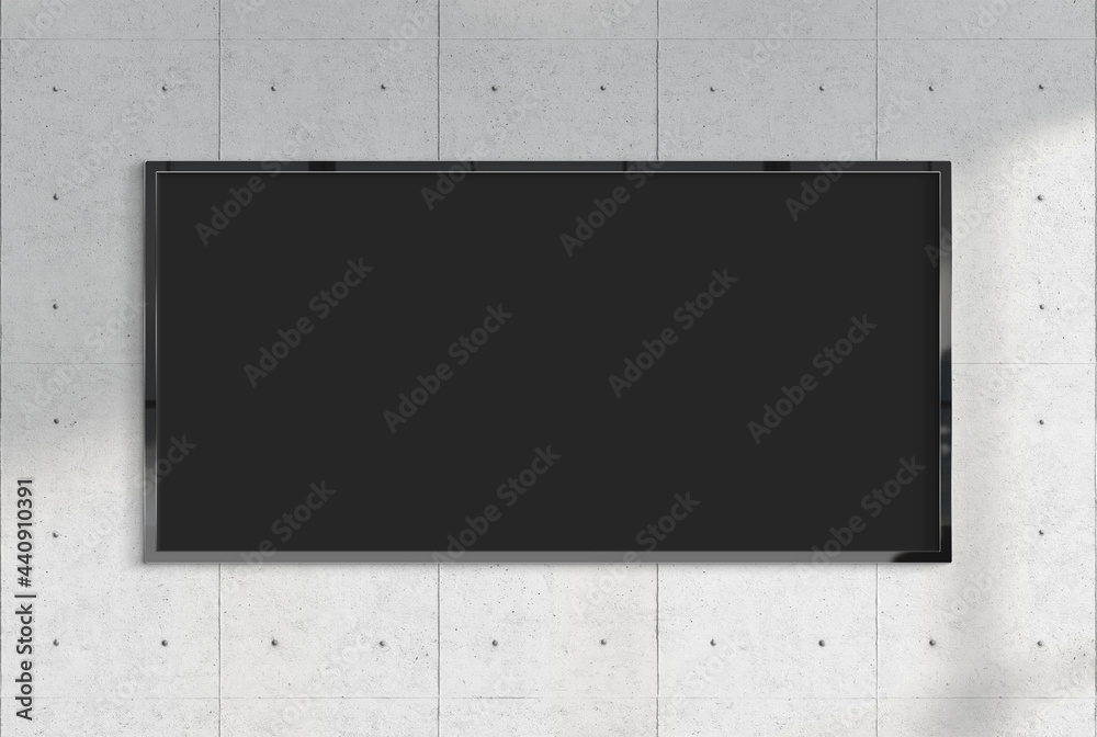 Panoramic billboard hanging on a sunlit wall mockup. Template of a pano frame bathed in sunlight 3D 