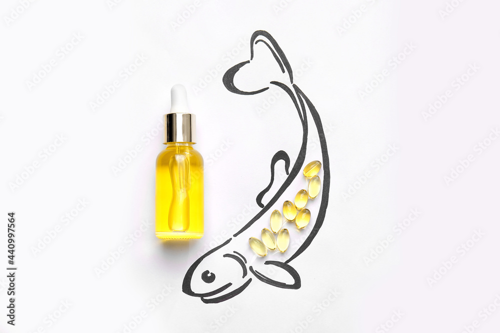 一瓶鱼油和白底胶囊鱼
