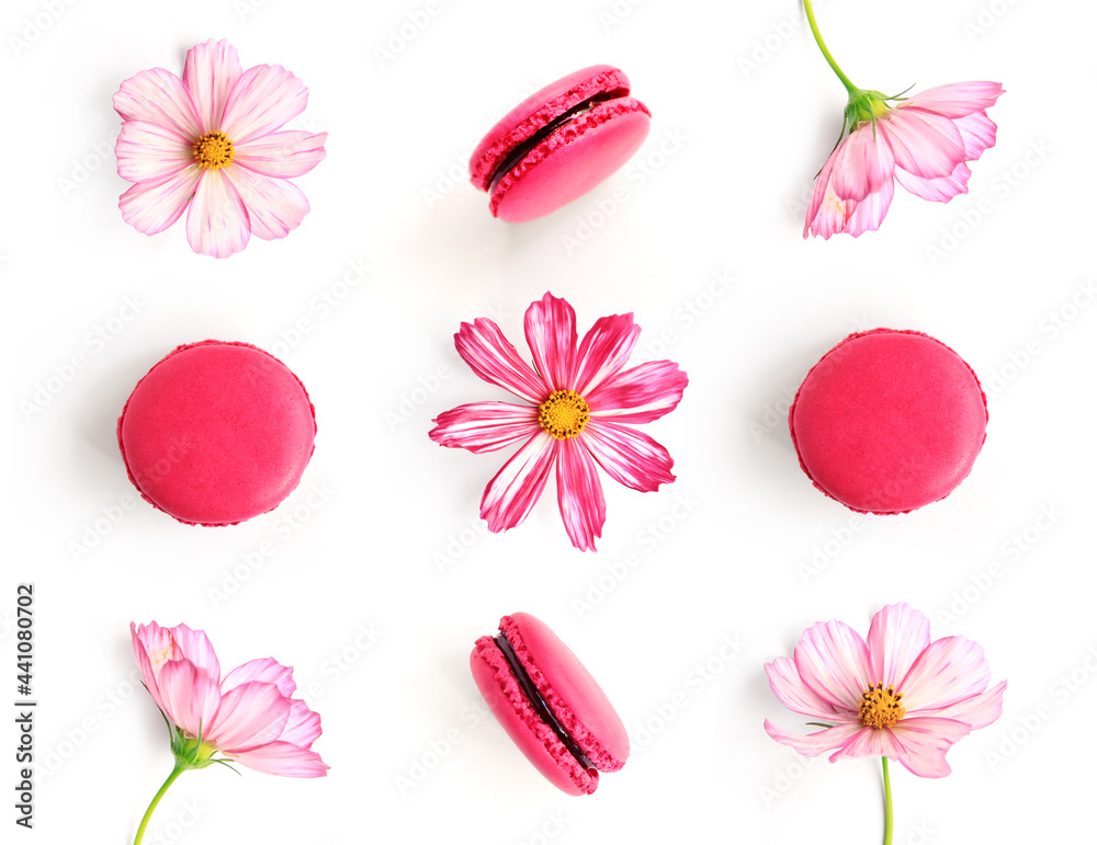 由粉色花朵和马卡龙在白色背景上隔离而成的创意布局。平面布置。食物浓缩