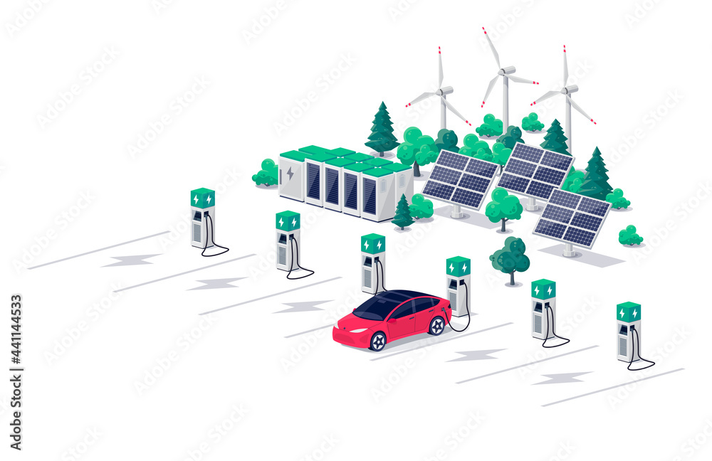 电动汽车在停车场充电，停车场有快速增压站和许多充电站。车辆