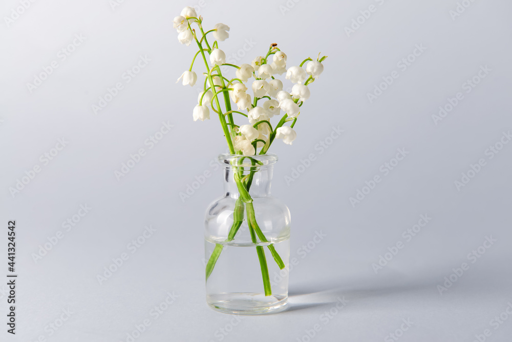 浅背景上有美丽的铃兰花的花瓶