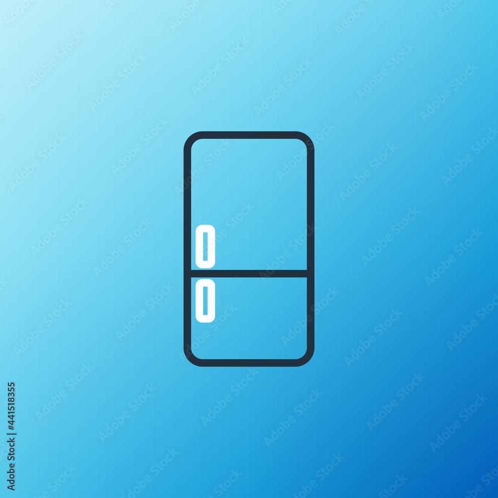蓝色背景上隔离的Line冰箱图标。冰箱冷冻冰箱。家用技术和