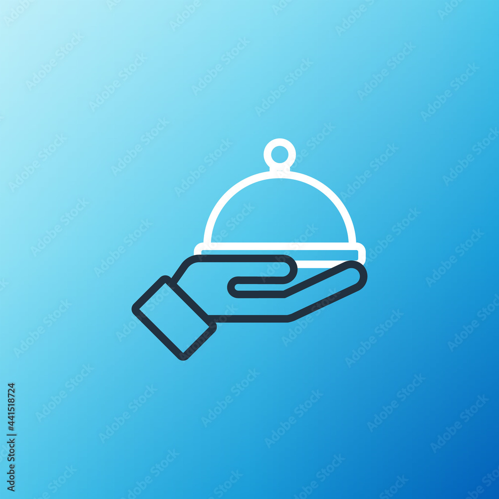 线路上覆盖着一盘蓝色背景上隔离的食物图标。托盘和盖子标志。餐厅clo