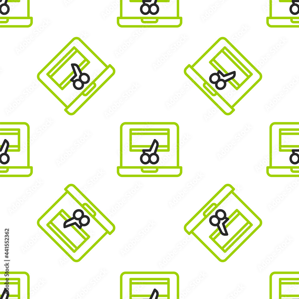 Line Video recorder or editor software on laptop icon isolated seamless pattern on white background.