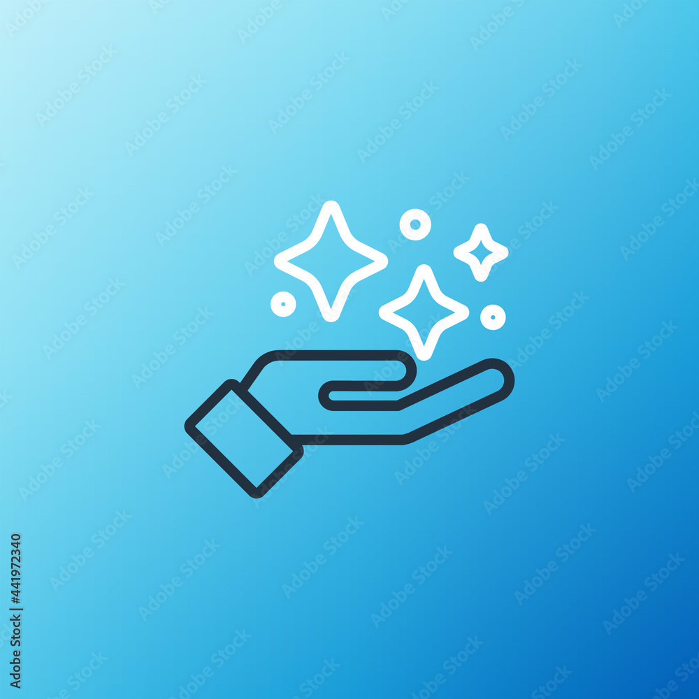 Line Sparkle stars with magic trick icon isolated on blue background. Magic christmas decoration. Co
