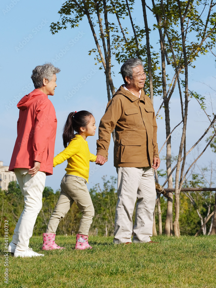 快乐的爷爷奶奶和孙子孙女在公园里散步