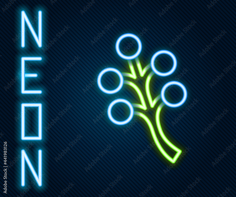 Glowing neon line Blossom tree branch with flowers icon isolated on black background. Colorful outli