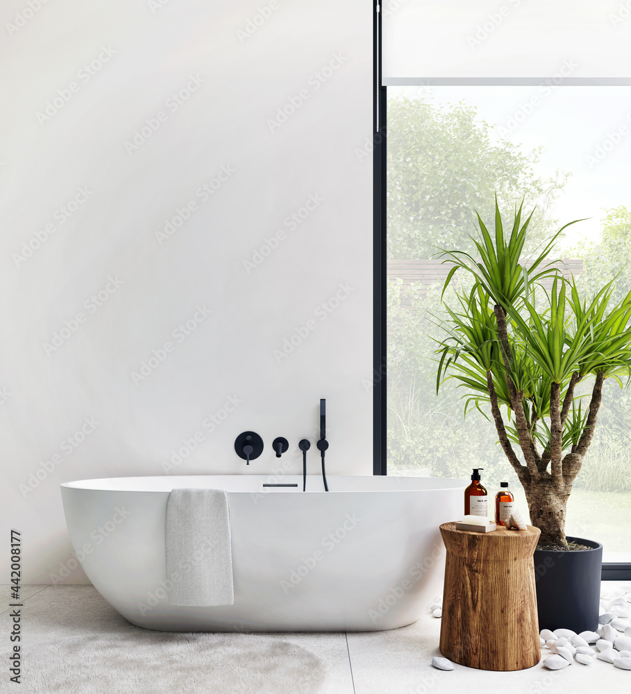 白色浴缸。豪华现代浴室室内设计