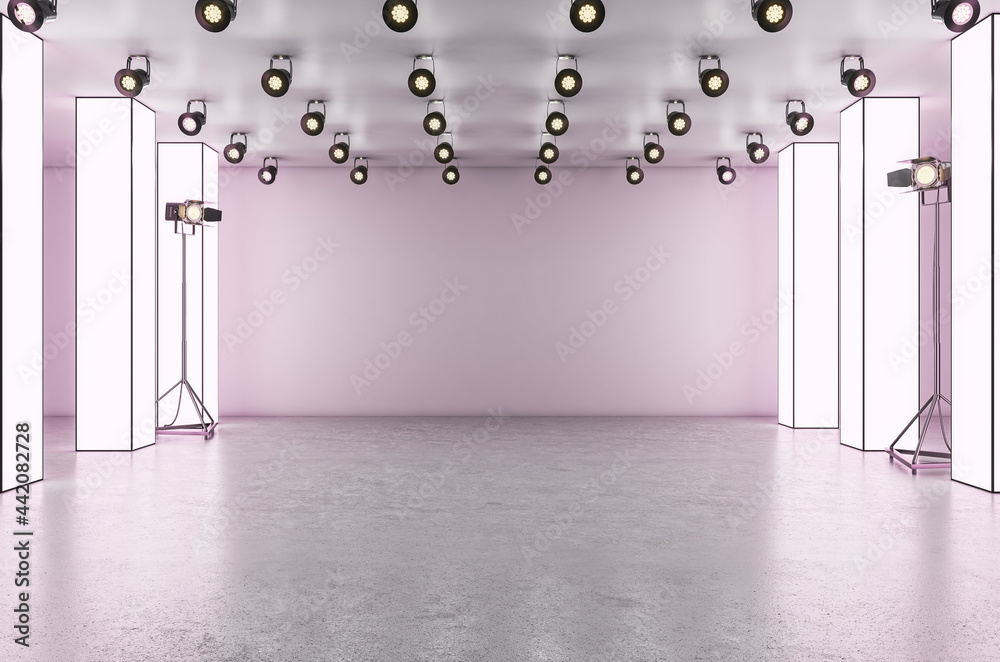 白色发光展厅混凝土室内空白模型舞台。博物馆和画廊概念。M