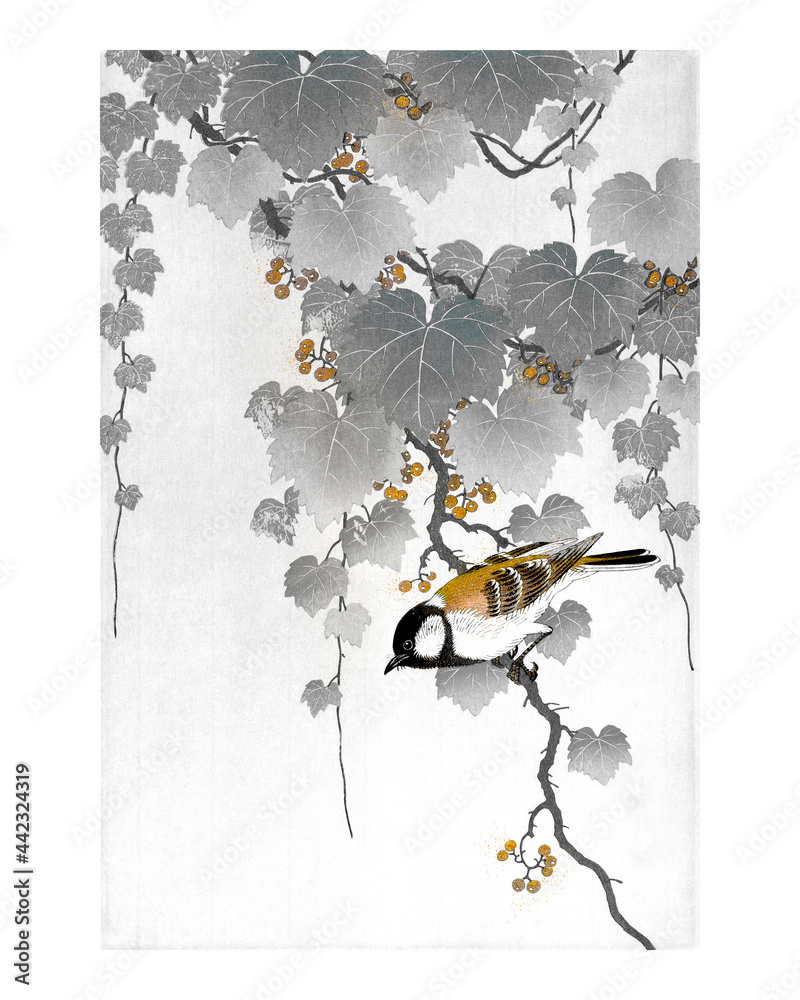 泡桐树枝上的大山雀复古插图墙上的黑色艺术印刷和海报设计