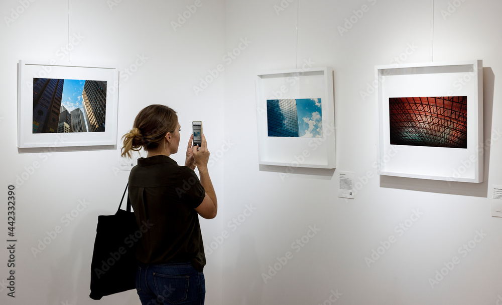 艺术展览中的女人为一件艺术品拍照