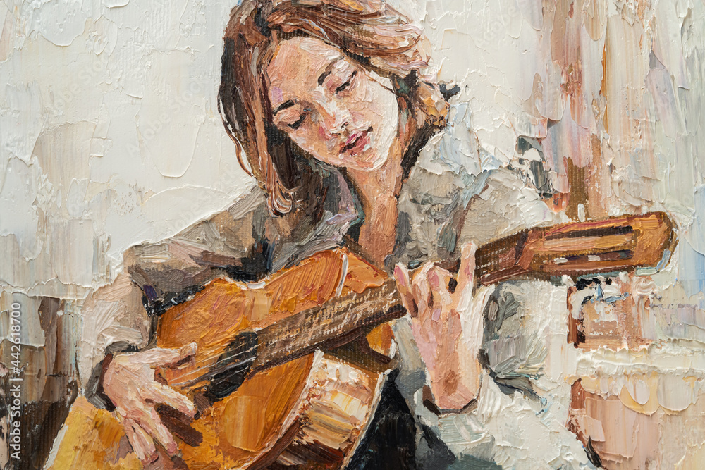 。女孩弹吉他。音乐课。画布油画。