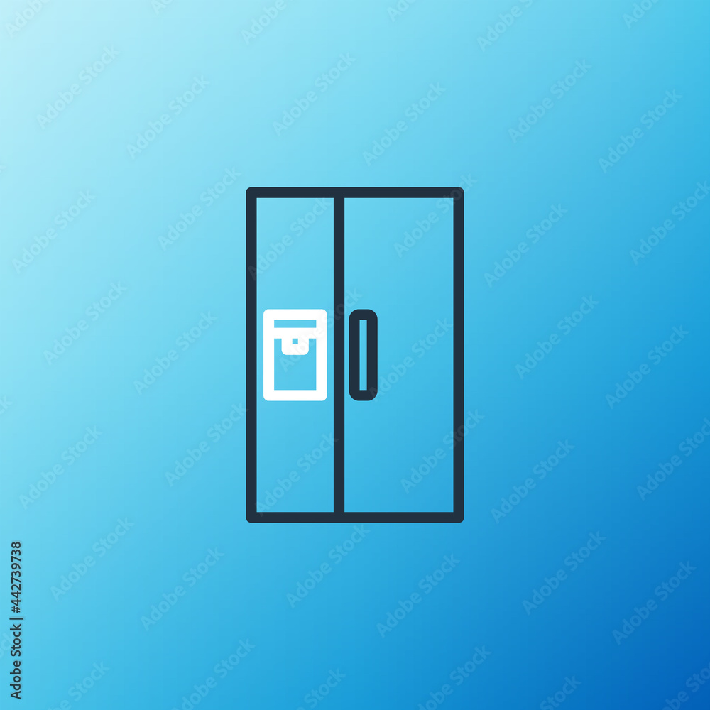 蓝色背景上隔离的Line冰箱图标。冰箱冷冻冰箱。家用技术和