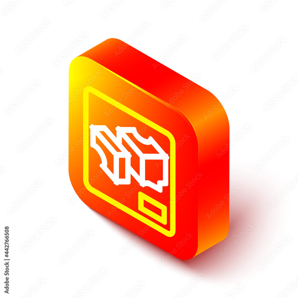 白色背景上隔离的等距线3D打印机图标。3D打印。橙色方形按钮。Vect