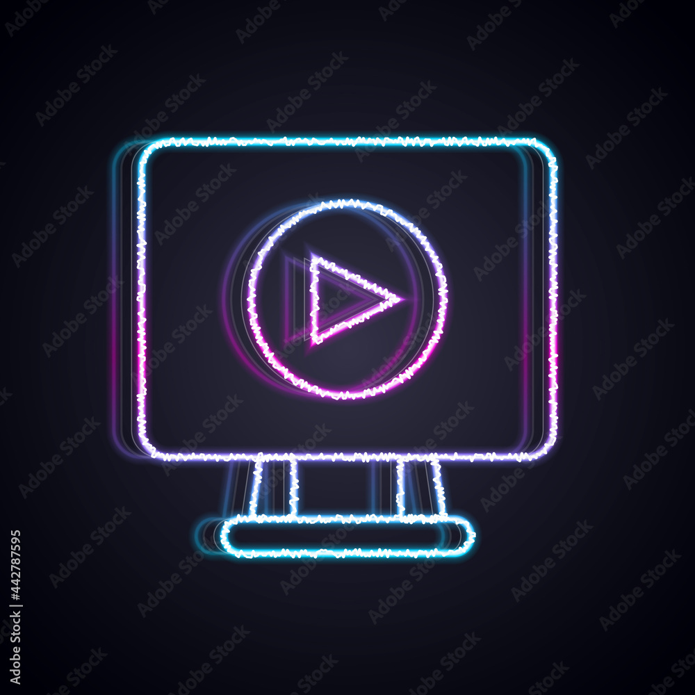 闪亮的霓虹灯线在线播放视频图标，隔离在黑色背景上。带播放标志的电影带。Ve